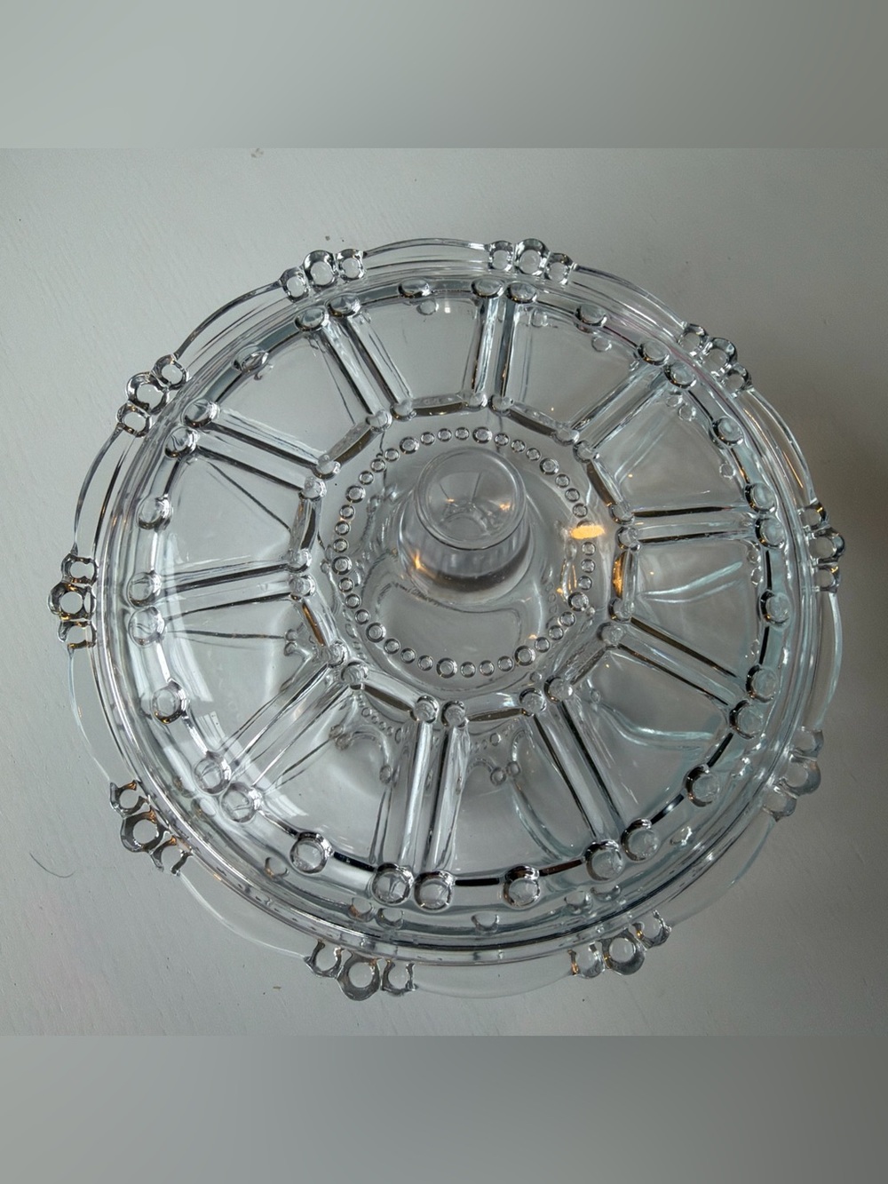 Vintage Clear Glass Covered Candy Dish Trinket Jewelry Bowl Beaded Lid 7”